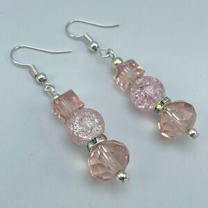 Artisan Pink Round Cubed Crackle Glass Beaded Dangle Earrings Silver Tone Boho